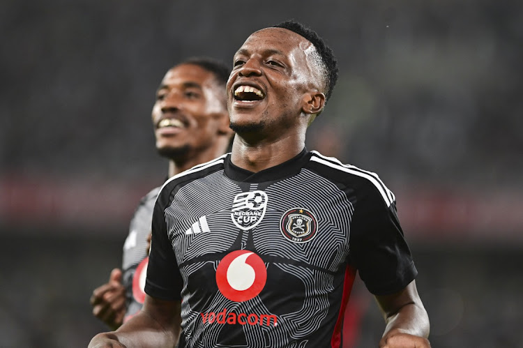 Patrick Maswanganyi of Orlando Pirates celebrates scoring during the Nedbank Cup quarterfinal match against AmaZulu at Moses Mabhida Stadium on April 13 2024 in Durban.