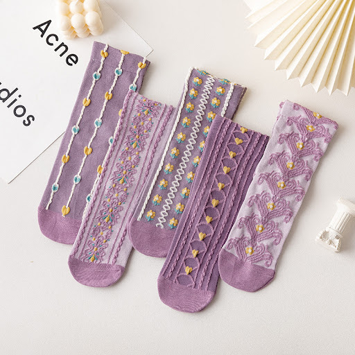 Title 5, Purple Jacquard Thin Womens Cotton Socks, offe...