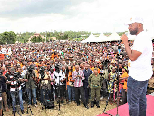 Mombasa Governor Hassan Joho addresses Mariakani residents during a NASA rally, June 8, 2017. /ELIAS YAA