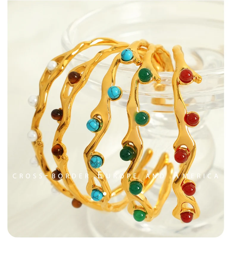 French Retro Titanium Steel 18K Gold Plated Natural Stone Bracelet. Elevate your style with this elegant, vintage-inspir