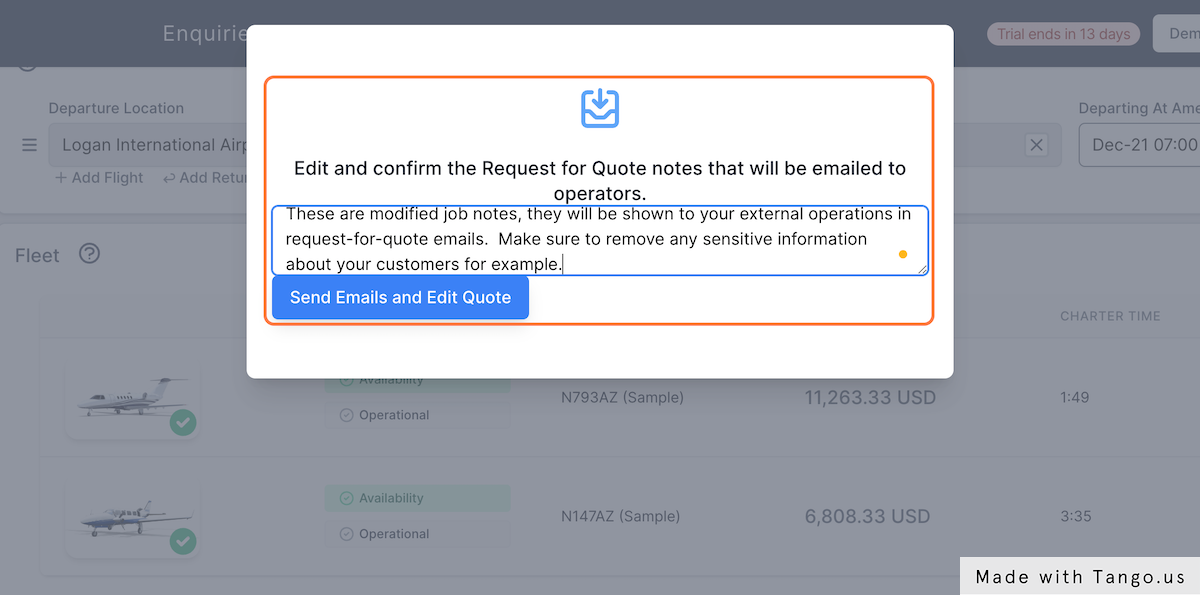 If you have an external aircraft selected in your Enquiry, you will be presented with a window to edit the note your external operators will receive.