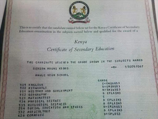 Nairobi senator Mike Sonko certificate./COURTESY