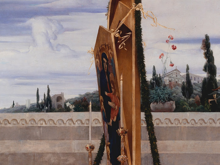 Frederic Leighton, Madonna di Cimabue portata in processione per le strade di Firenze (dettagliol Madonna e San Miniato sullo sfondo), The National Gallery, London