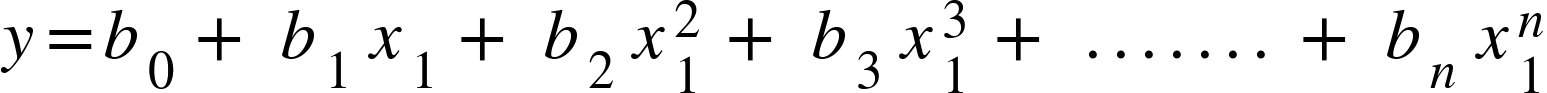 <math xmlns="http://www.w3.org/1998/Math/MathML"><mi>y</mi><mo>=</mo><msub><mi>b</mi><mrow><mn>0</mn><mo>&#xA0;</mo></mrow></msub><mo>+</mo><mo>&#xA0;</mo><msub><mi>b</mi><mn>1</mn></msub><mo>&#xA0;</mo><msub><mi>x</mi><mrow><mn>1</mn><mo>&#xA0;</mo></mrow></msub><mo>+</mo><mo>&#xA0;</mo><msub><mi>b</mi><mn>2</mn></msub><mo>&#xA0;</mo><msubsup><mi>x</mi><mn>1</mn><mn>2</mn></msubsup><mo>&#xA0;</mo><mo>+</mo><mo>&#xA0;</mo><msub><mi>b</mi><mn>3</mn></msub><mo>&#xA0;</mo><msubsup><mi>x</mi><mn>1</mn><mn>3</mn></msubsup><mo>&#xA0;</mo><mo>+</mo><mo>&#xA0;</mo><mo>.</mo><mo>.</mo><mo>.</mo><mo>.</mo><mo>.</mo><mo>.</mo><mo>.</mo><mo>&#xA0;</mo><mo>+</mo><mo>&#xA0;</mo><msub><mi>b</mi><mi>n</mi></msub><mo>&#xA0;</mo><msubsup><mi>x</mi><mn>1</mn><mi>n</mi></msubsup></math>