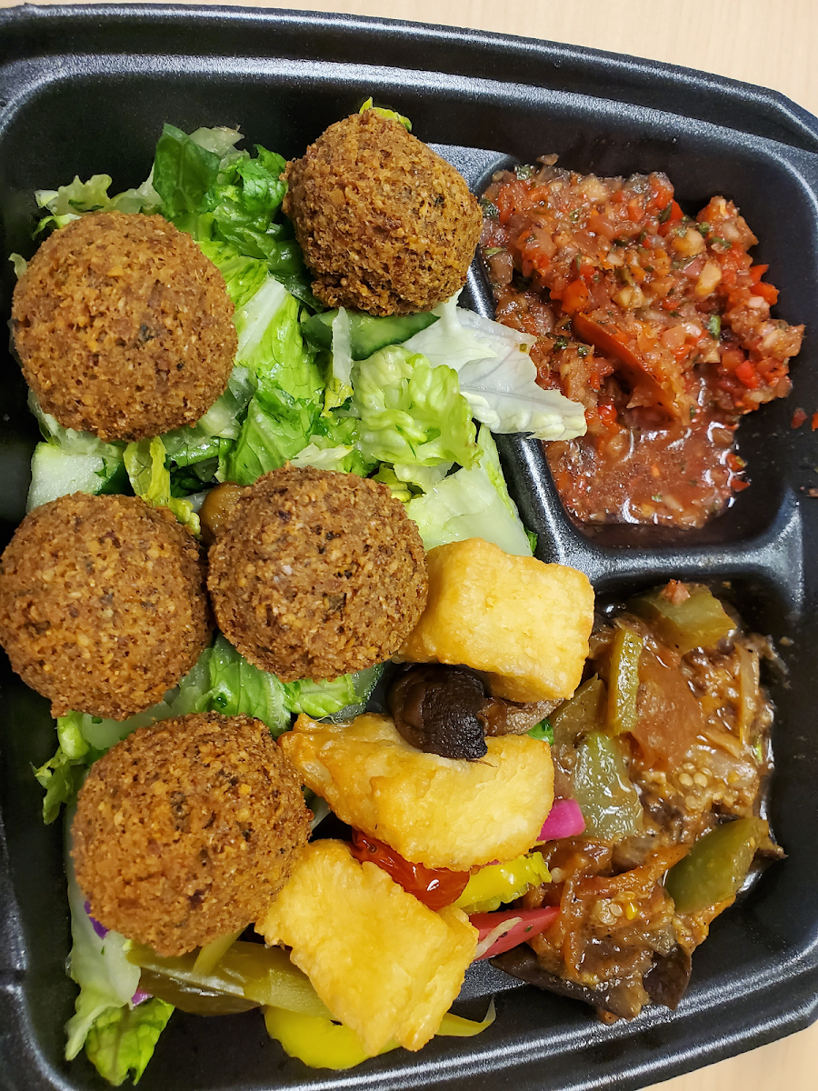 Falafel plate, cheese kabob