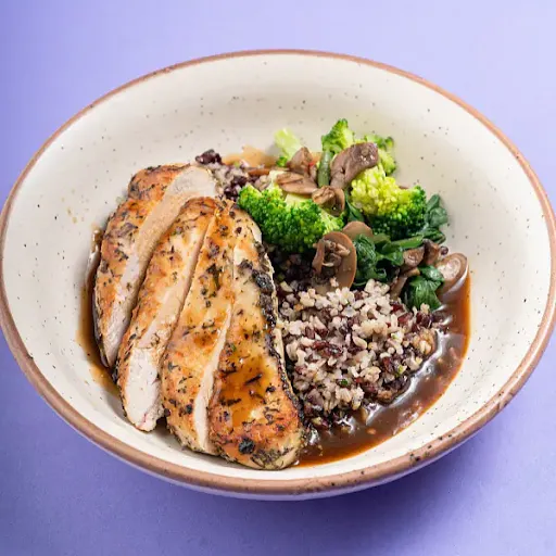 Wild Rice, Sauteed Veggies. Herbed Chicken Breast With Chicken Jus