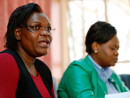 Migori Woman Rep Pamela Odhiambo (L) with her Homabay counterpart Gladys Wanga address the press where they condemned the murder of Sharon Atieno, September 5, 2018. /JACK OWUOR