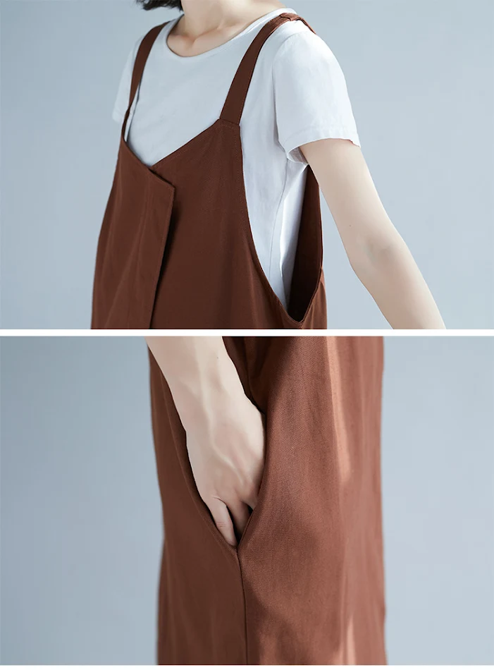 Abito con spalline in cotone e lino a tinta unita con cuciture morbide, perfetto per un look casual e fresco durante la stagione estiva.