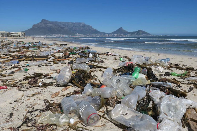 Plastic bottles litter the beach in Milnerton, Cape Town.