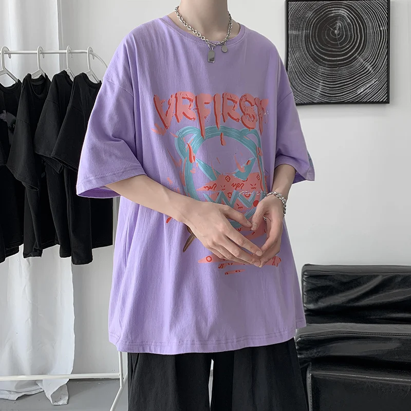 Yazlık Yeni Kısa Kollu Tişört Erkek Bol Trendy Çok Yönlü Karikatür Yarım Kollu Üst Giyim Hong Kong Tarzı Günlük Hip Hop