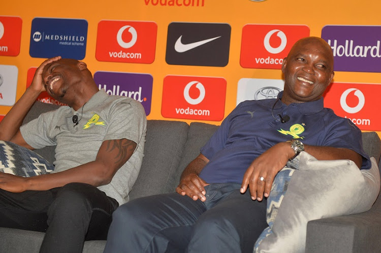 Hlompho Kekana and Pitso Mosimane of Mamelodi Sundowns during the Kaizer Chiefs and Mamelodi Sundowns press conference at Medshield Offices on January 24, 2018 in Johannesburg.