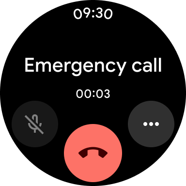 Pixel Watch display of 'Emergency call' with speaker button at left, more button at the right, and end button at bottom.