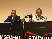 The SA Football Association presidential candidate Chief Mwelo Nonkonyana (R) alongside his campaign manager Sisa Majola (L) at the FNB Stadium to formally launch his bid for the SAFA top job.