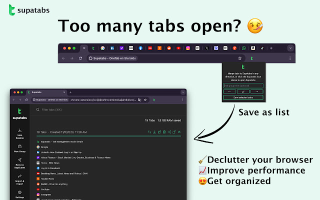 OneTab is a lightweight Chrome extension to manage your tab addiction