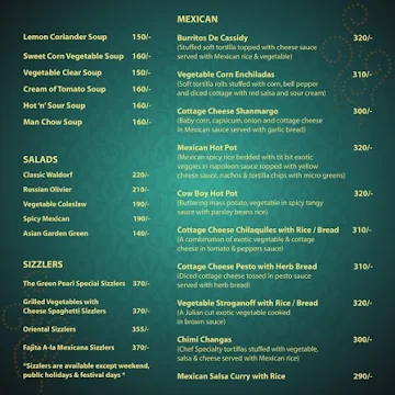 The Green Pearl Restaurant menu 