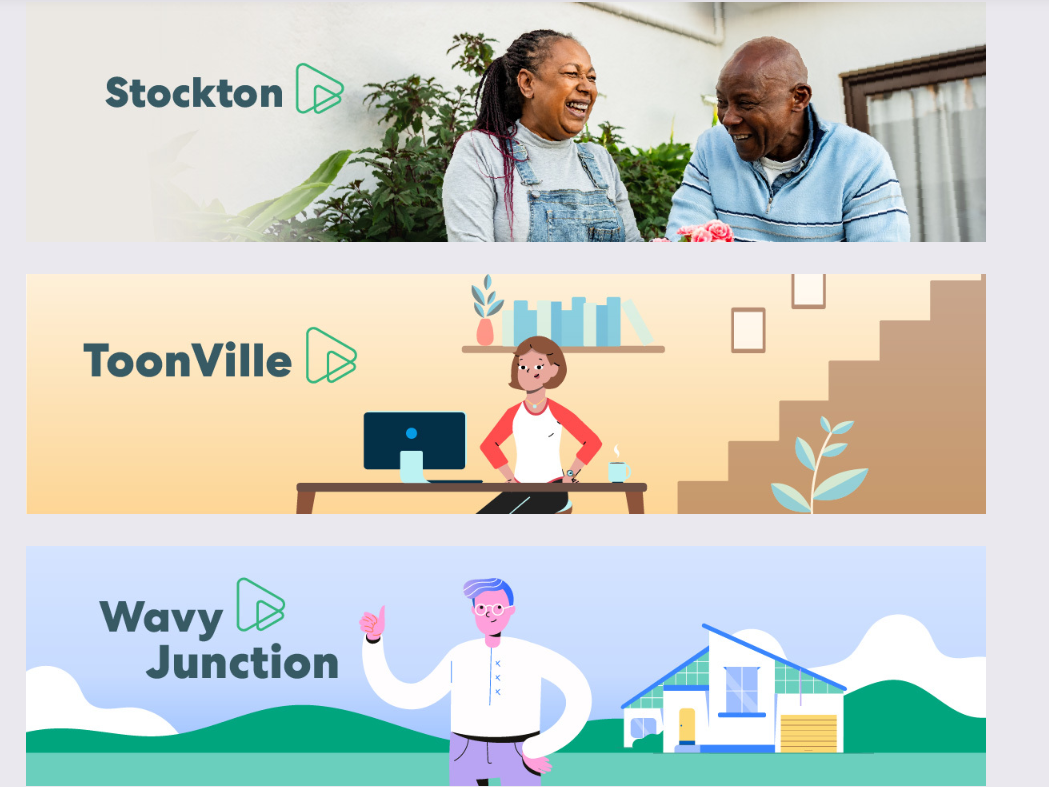 examples of the three video styles: Stockton, ToonVille, and Wavy