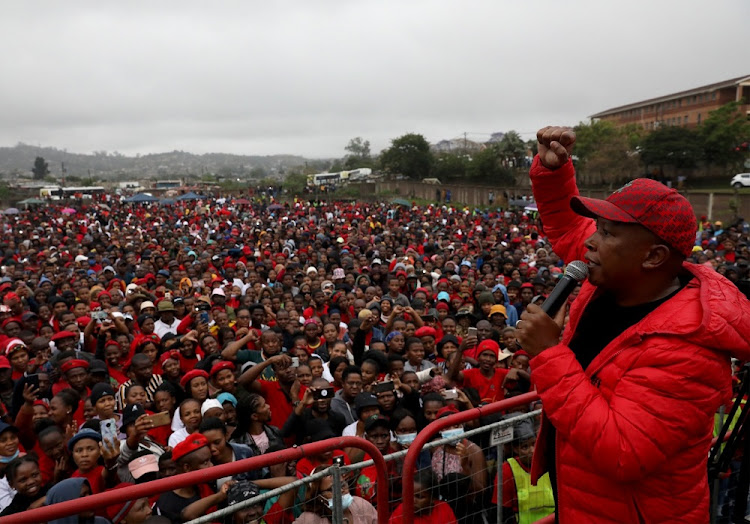 EFF leader Julius Malema addresses the party’s election rally at Inanda Comprehensive School sports grounds in KwaZulu-Natal in this October 26 2021 file photo. Picture: SANDILE NDLOVLU