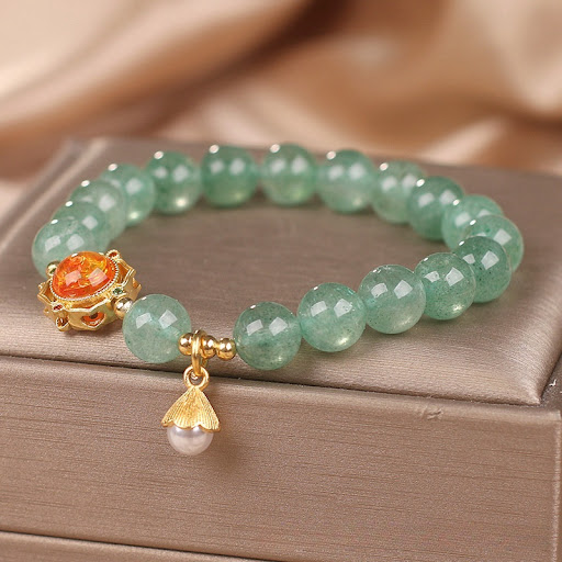 Title 2, Natural Green Strawberry Quartz Bracelet with S...