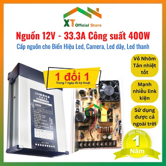 Nguồn 12V - 33A 400W Ngoài Trời Vỏ Nhôm Chống Nước Dùng Cho Đèn Led F5, Nguồn Adapter 12V - 2A, 12V - 5A (Đủ Công Suất)