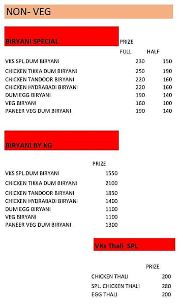 VK's Biryani House menu 