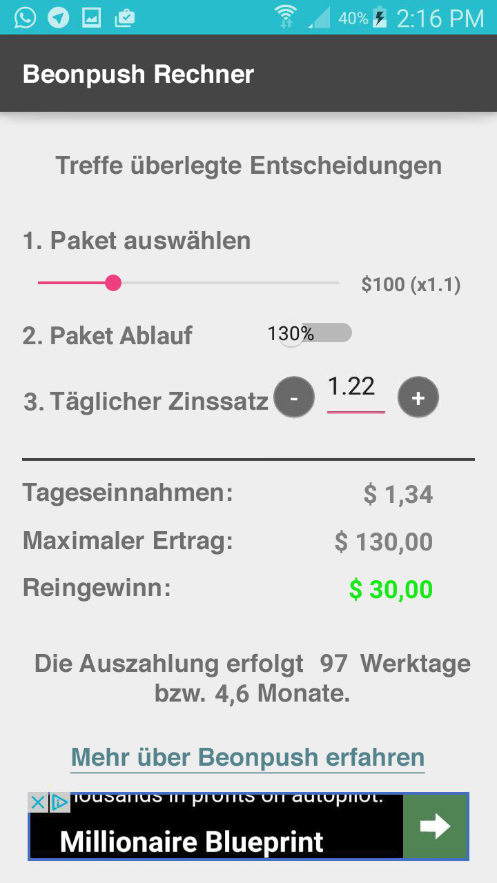Android application BeonPush ROI Calculator screenshort