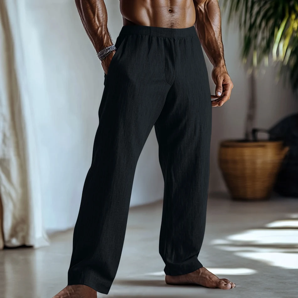 Men's Cotton and Linen Solid Color Casual Trousers with Pockets. Comfortable, breathable pants perfect for everyday wear