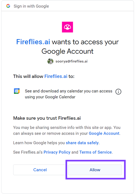 Fireflies requesting permission to access your calendar