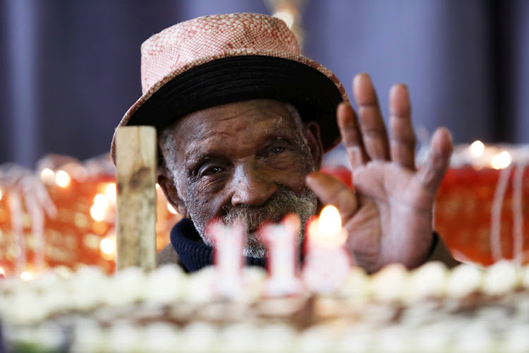 Fredie Blom, who was born on May 8 1904 in Adelaide, Eastern Cape, celebrates his 115th birthday in Delft, Cape Town, on May 16 2019.