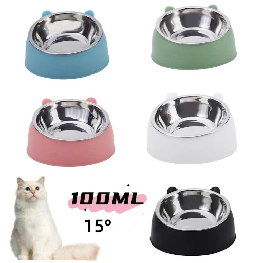 100ML Cat Dog Bowl 15 Degrees Raised Non Slip Puppy Base Cat Food Drinking Water Feeder Tilt Safeguard Neck Pet Bowl Acc