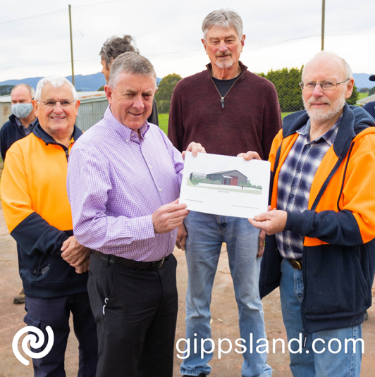 Mayor of Baw Baw Shire, Danny Goss together with the Neerim District Men's Shed and Community House committee members, from the left, Project Committee Member Paul Lewis, Mayor Baw Baw Shire Cr. Danny Goss, President Neerim District Men's Shed Gerry Eversteyn, and Vice President Neerim District Community House and Men's Shed Bill Statham