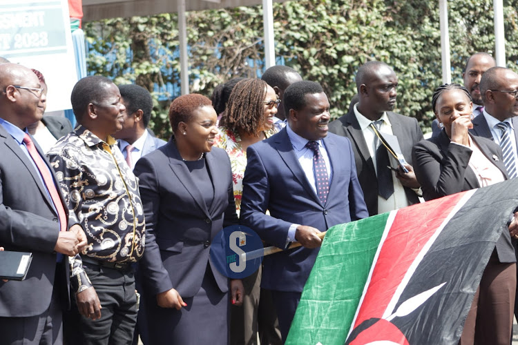 Health Cabinet Secretary Susan Nakhumicha, Tharaka Nithi Governor Muthomi Njuki and Public Health PS Mary Muthoni, flag off vehicles to be used for health facility census in the country, at Afya House, on August 14, 2023.