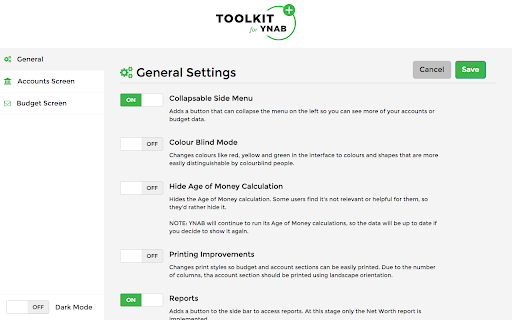 TOOLKIT General Settings Cancel save Colour Improvements 