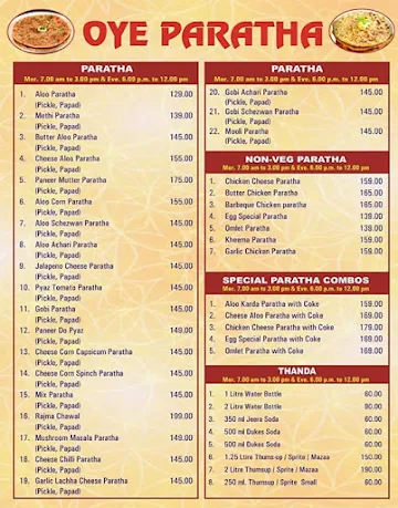 Oye Paratha menu 