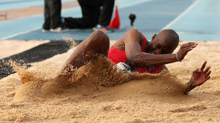 Luvo Manyonga competes in the men's long jump during the Athletics South Africa Championship at Tuks Stadium in Pretoria on March 17 2018.