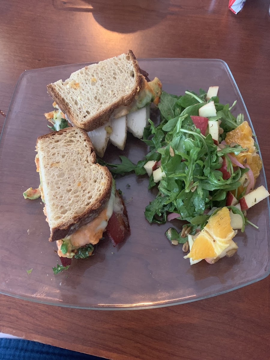 Chicken sandwich on GF bread; upgraded to the arugala salad