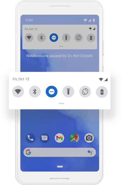 Réglages rapides d'un téléphone Google. L'icône permettant de masquer toutes les notifications est sélectionnée.