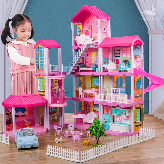 Nhà Búp Bê Barbie Cỡ Lớn 4 Tầng Tùy Chỉnh. Quà Tặng Sinh Nhật Cho Bé Gái | Tặng Hai Búp Bê, Nhà Biệt Thự Đủ Nội T