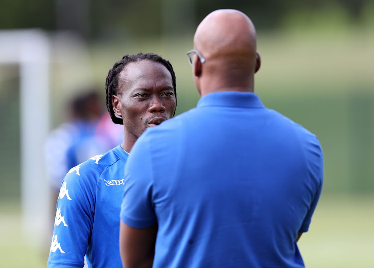 Tiso Blackstar reporter Mahlatse Mphahlele interviews SuperSport United midfielder Reneilwe Letsholonyane (L) during the club's media day at Megawatt Park in Johannesburg on March 13 2019.