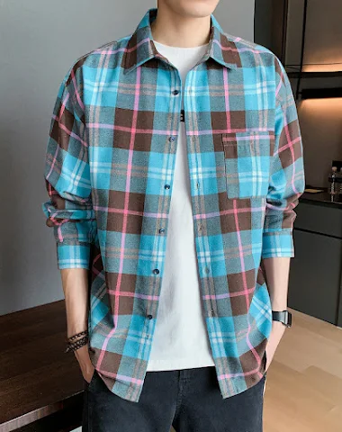 Men's Color Block Plaid Shirt Long - 0