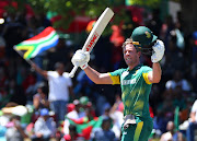 AB de Villiers of the Proteas celebrates his 100 during an ODI match between South Africa and Bangladesh at Boland Park, Paarl on 18 October 2017. 