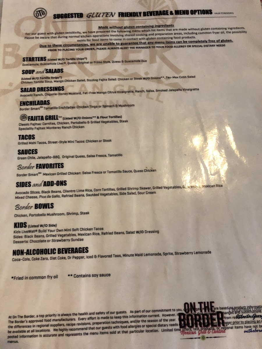 Gluten ‘friendly’ menu