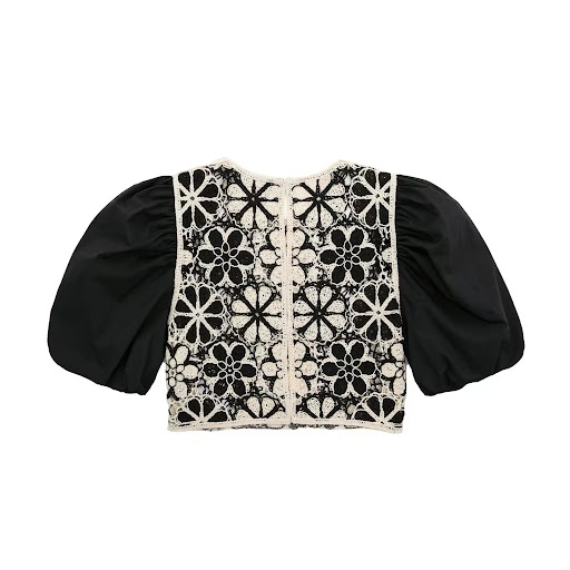 Title 3, Crewneck Crochet Panel Puff Sleeve Cropped Top
