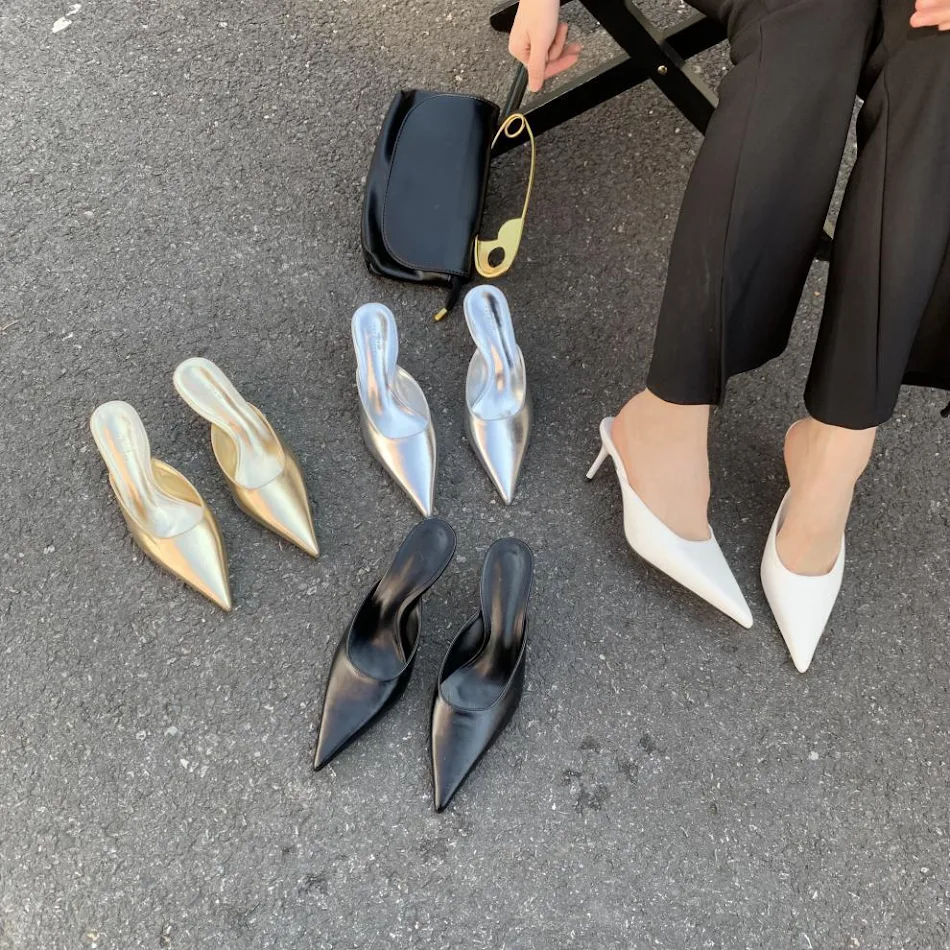 Women's pointed stiletto heel slippers, European and American fashion, closed toe, for a stylish and elegant look.