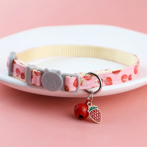 Cat Collar Adjustable Printed Pet Collar with Bell Strawberry and Green Leaf Leash D Ring for Kittens & Puppies Pet Acce