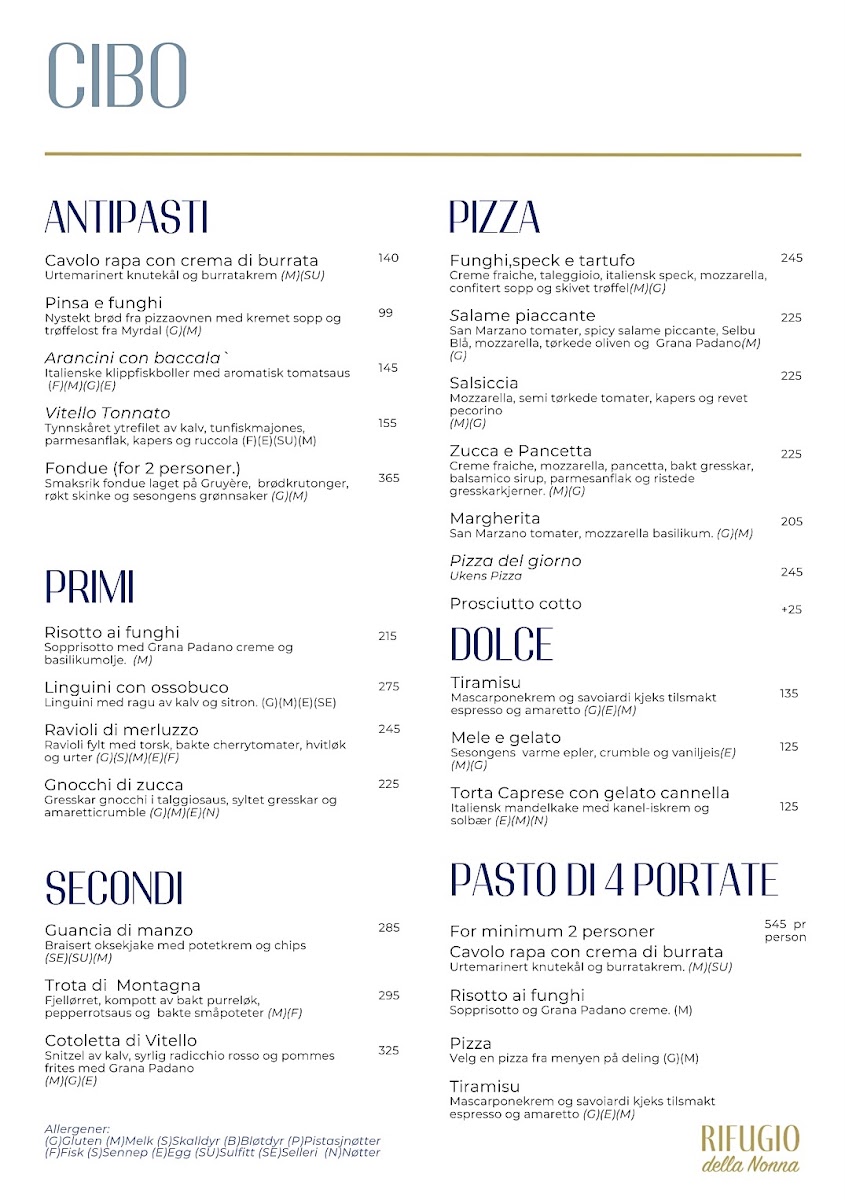 Rifugio della Nonna gluten-free menu