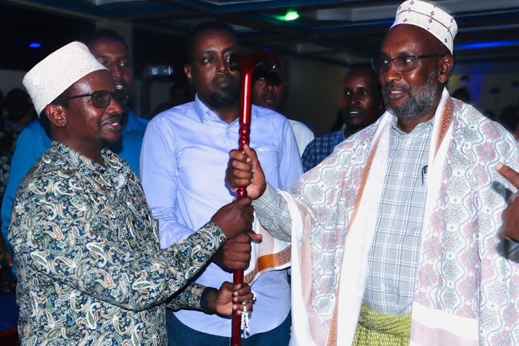 Eldas MP candidate Ahmed Boray and Wajir governor candidate Mohamed Elmi who is vying as an independent during the endorsement at the Wajir guest house on Wednesday, July 27.