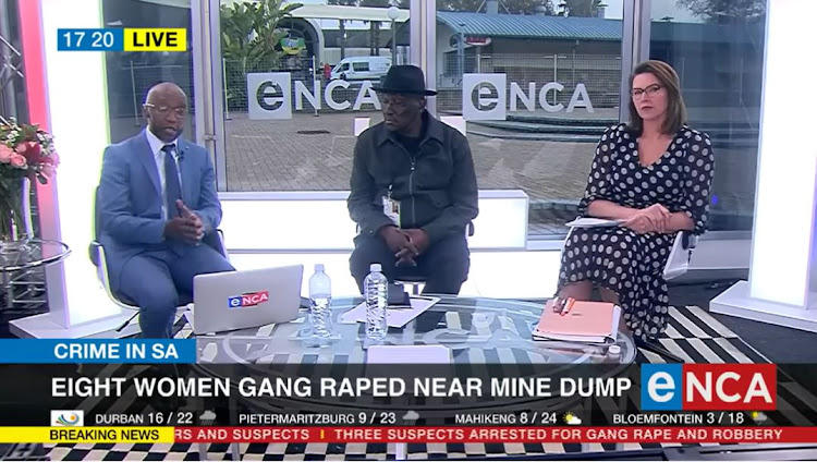 Police minister Bheki Cele, centre, in conversation with eNCA anchors Thulasizwe Simelane, left, and Sally Burdett after the news of the Krugersdorp gang rapes broke. Comments made by the minister during this conversation have been met with ire by some South Africans.