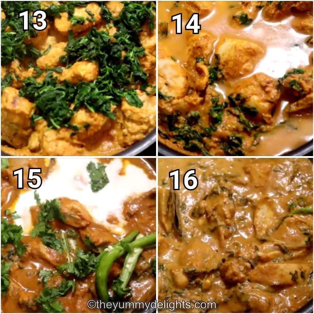 step by step image collage of addition of methi leaves, water, green chilies, cream & coriander leaves to the chicken gravy