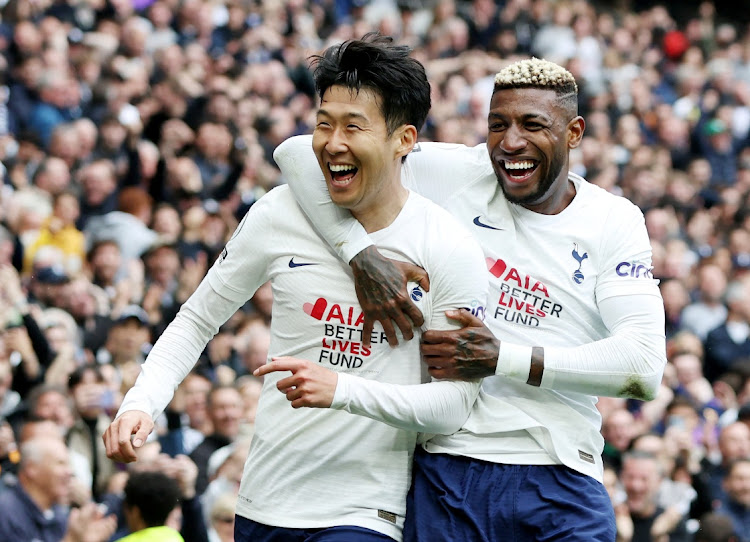 Tottenham Hotspur's Son Heung-min celebrates scoring a cracker with Emerson Royal in the EPL game against Leicester City at Tottenham Hotspur Stadium, London on May 1, 2022