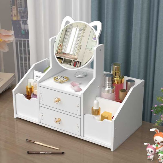 Tủ Để Đồ Trang Điểm Mini Kệ Đựng Mỹ Phẩm Mini Có Gương Tai Mèo, Hộp Mỹ Phẩm Thiết Kế Tiện Lợi